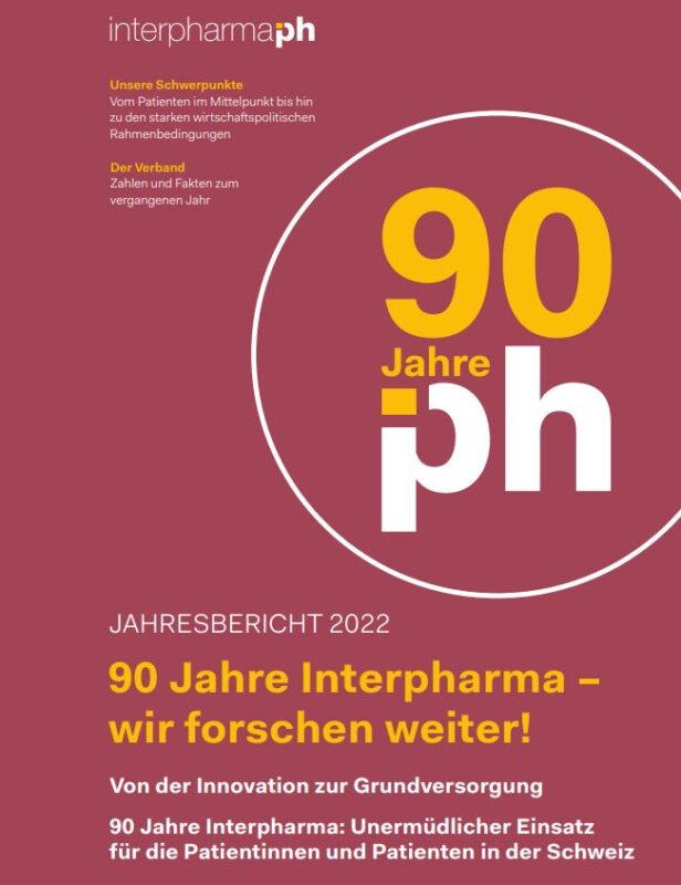 Titelbild des Jahresberichts 2022 «90 Jahre Interpharma: wir forschen weiter!»