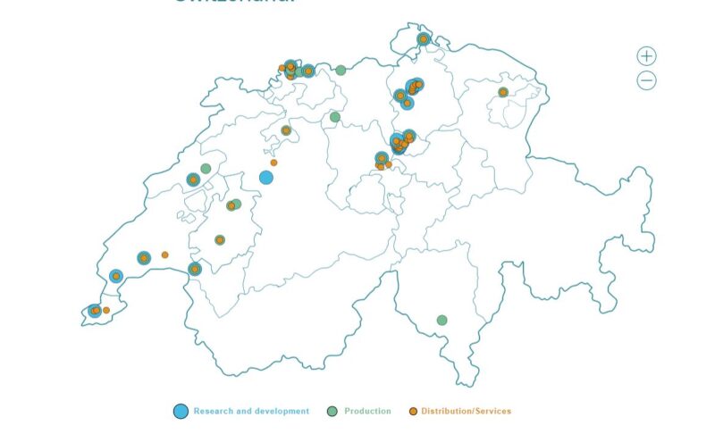 Map of the locations of Interpharma member companies in Switzerland