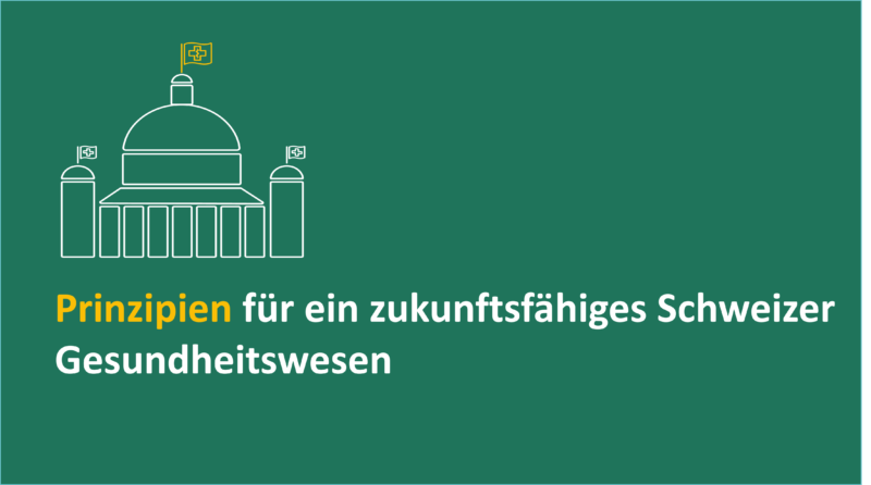 Grafik «Prinzipien für ein zukunftsfähiges Schweizer Gesundheitswesen» mit Bundeshaus