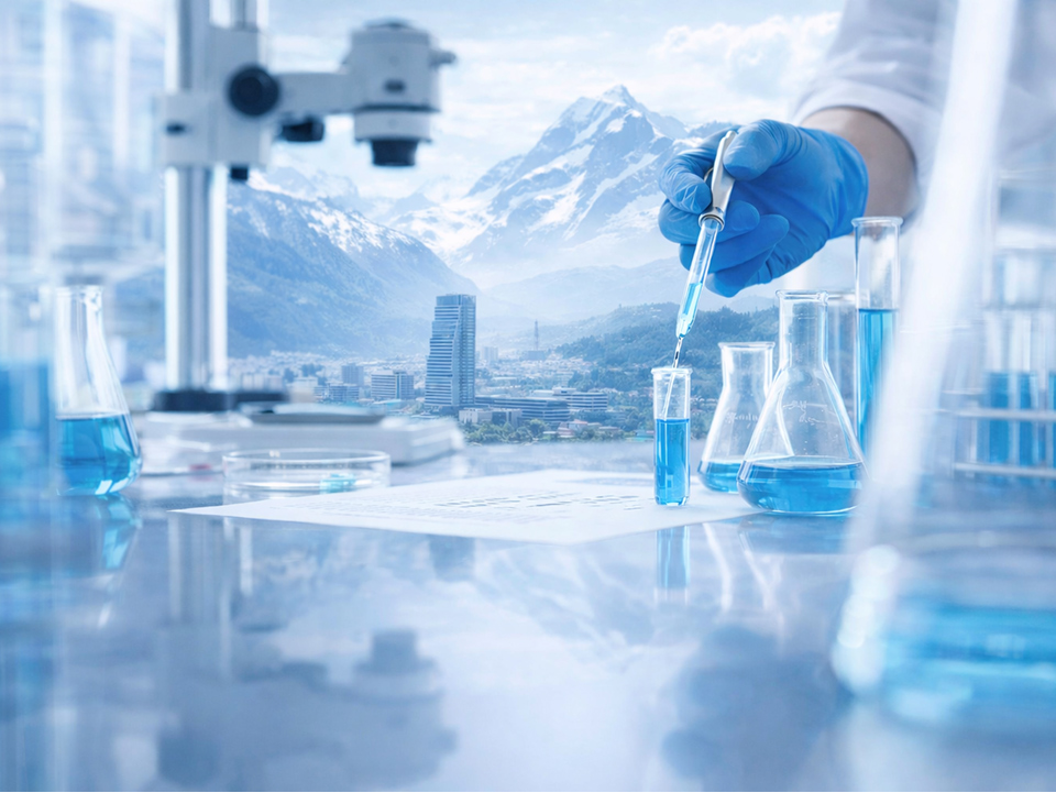 Laboratoire avec microscope devant un panorama alpin