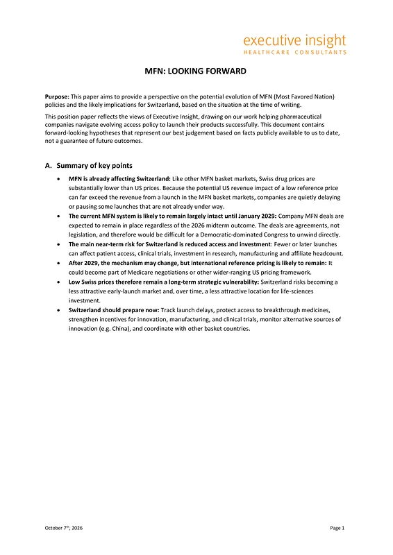 First page of the Executive Insight position paper 'MFN: Looking forward'